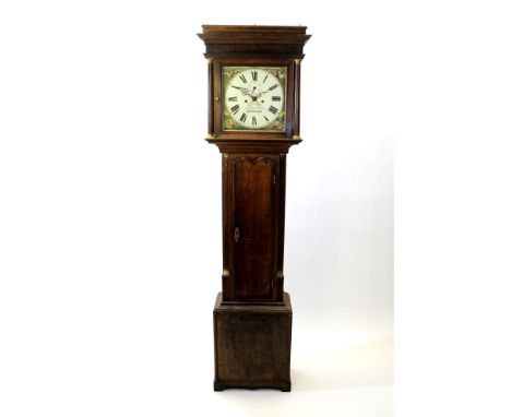 A George III oak and walnut cross banded cottage longcase clock, the square hood with later pediment above a glazed door flan