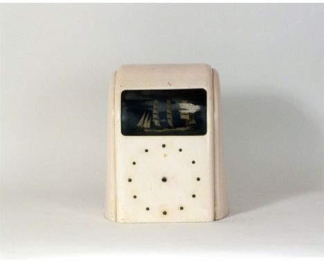 An Art Deco pink bakelite Vitascope automata clock with three masted clipper inset and undulating in a seascape, Odeon style 