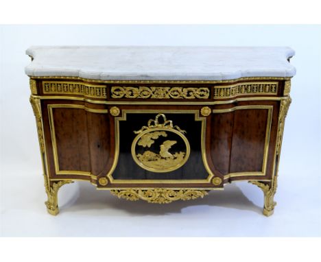 A French Louis XVI style marble top plum pudding mahogany ebony and ormolu mounted commode a ressaut trapezoidal, 19th centur