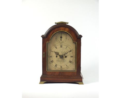 A George III mahogany bracket clock by James Maitland, London, late 18th century, the arched glazed case with gilt brass swin