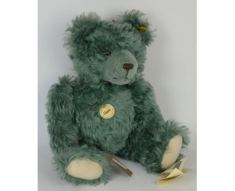 Steiff Limited Edition Teal Green Mohair Teddy Bear, No. 005312. With Steiff ear tag and growler / noise box. Height seat app