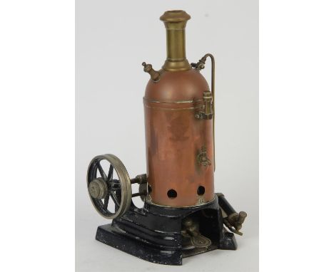 Vintage vertical stationary live steam engine with copper boiler on cast iron base, unmarked
