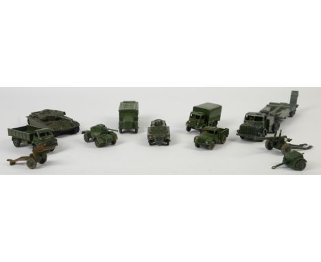 Quantity of Dinky military vehicles to include Tank Transporter 660, Army Wagon 623, Wagon 621, Centurion Tank 651, Armoured 
