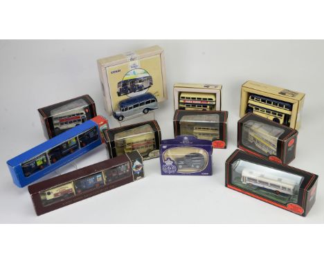 Four Yorkshire Tea souvenir commercial vehicles, two Matchbox Models of Yesteryear fire engines, three Corgi models of buses,