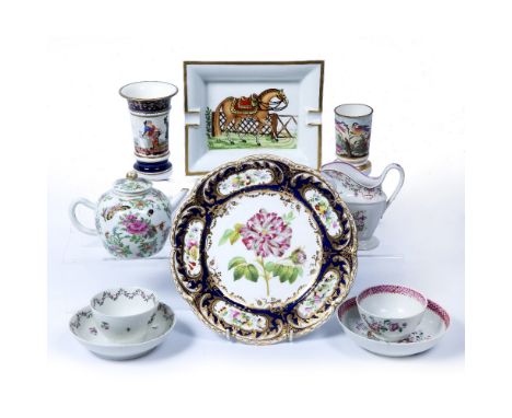 Collection of porcelain including Derby spill vase, Cantonese porcelain teapot, New Hall porcelain teabowls and saucers, Herm