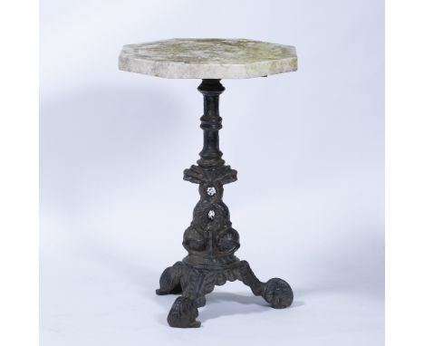 Cast iron tripod table,  19th Century,with hexagonal marble top, 48cm x 71cm