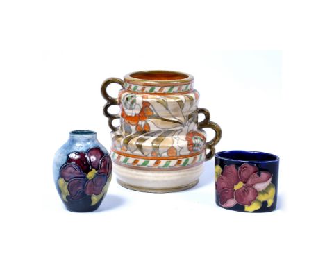 Crown Ducal vase, designed by Charlotte Rhead 15cm high, and two small pieces of Moorcroft Pottery (3)