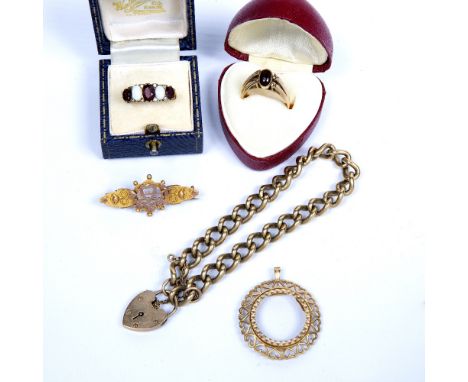 9ct yellow gold gate bracelet 9ct yellow gold pendant mount, 9ct yellow gold garnet and opal ring, size O, a Victorian brooch