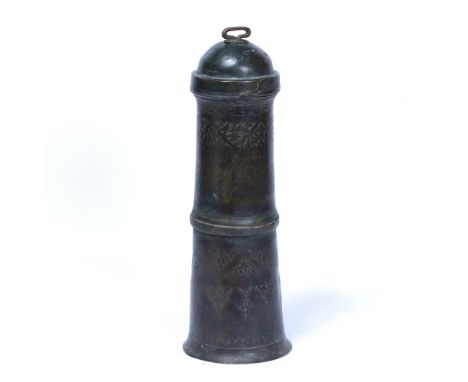Candle stick/oil lamp Iran, 18th Century engraved with floral scrolls and palmette arcades 35.5cm high