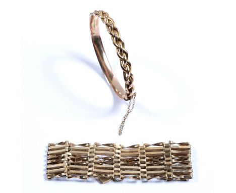 9ct yellow gold gate bracelet with elongated links and one other gilt metal bangle, 25 grams approx. (2)