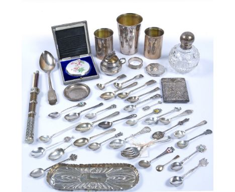 Collection of silver including silver teaspoons, caddy spoons, silver and enamel compact, silver Art Nouveau card case, silve