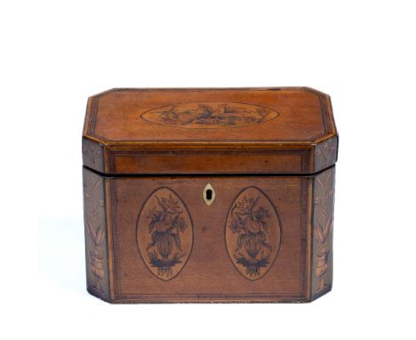 Satinwood tea caddy George III, marquetry and parquetry inlay, 18cm wide x 10.5cm deep x 13cm high