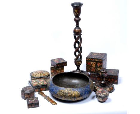 Quantity of Kashmiri lacquerware India, 20th Century to include a large twist work candle stick, open bowl, a small candle, a