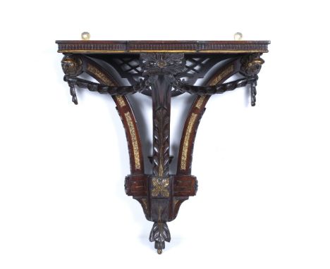 Antique style mahogany clock bracket with gilt painted decoration, 39cm wide x 21cm deep x 41cm high