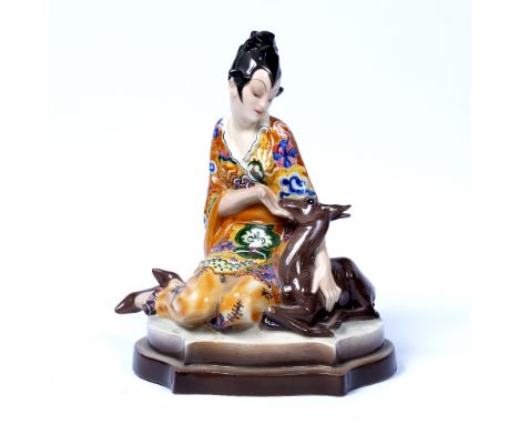 Goldscheider Oriental lady and fawn, stamped manufacturer's mark and numbered '386', 26.5cm high