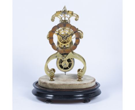 19th century brass skeleton clock, with single fusee movement on plinth with glass dome, by T &amp; J Ollivant of Manchester,