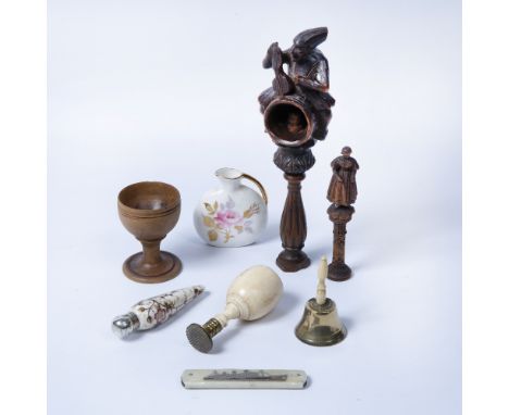 Collection of miscellaneous items including a Victorian carved treen nutcracker, carved treen needlecase, silver topped Burme