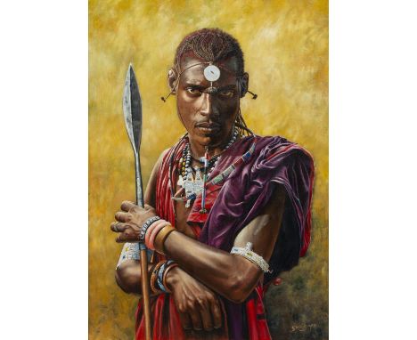 Steve Burgess (Canadian, 1960)  Portrait of a Masai warrior, oil on canvas, signed lower right , framed, 69cm x 50cm