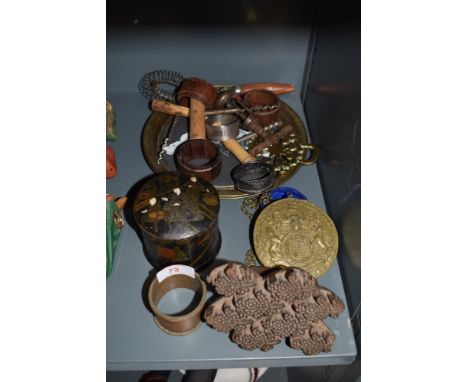 A selection of curios including Japan lacquer box, wood cut stamp block and cork screws