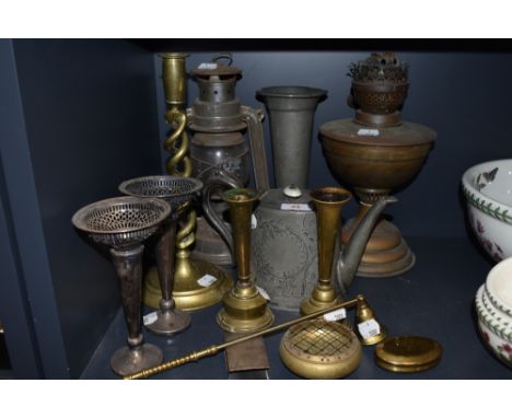 A selection of metal and plated wares including pewter Hutton tall stem vase and pair of brass examples