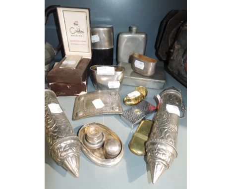 A selection of platedware including Calibri cigarette lighter, brass cigarette lighter, hip flask etc