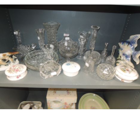 A selection of vintage clear cut and crystal glass ware also ceramic trinket boxes