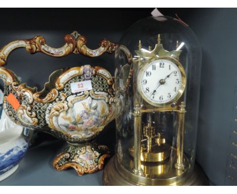 A vintage ceramic table centre or censor in a Majolica design and domed brass anniversary clock