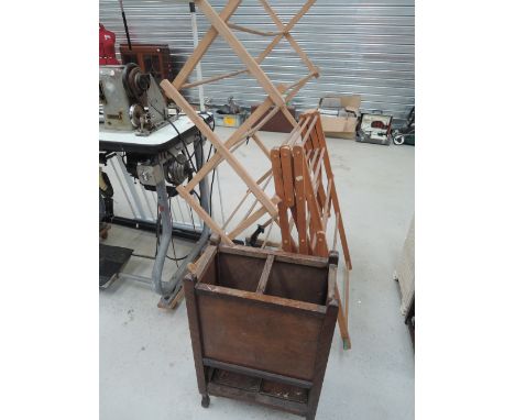 Two folding clothes airers and an oak stick stand