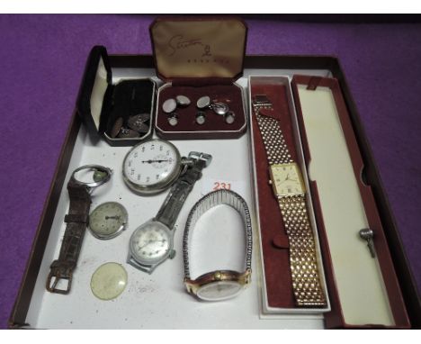 A small selection of gents items including cased silver cufflinks, collar studs , gold plated Rotary wrist watch, similar Ing