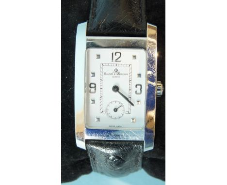 Baume &amp; Mercier, a gent's Hampton steel-cased wrist watch ref: MVO45063, watch no. 3458794, c2000, the rectangular white 