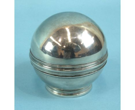 A white metal circular box and cover, or pill roller, on collar stand, 7cm diameter.