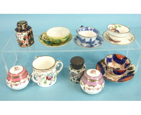 A group of English porcelain miniatures, including a Crown Derby tea caddy and cover, Coalport, etc, (16).