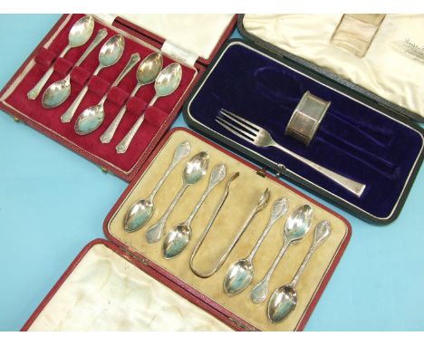 A cased set of six silver teaspoons with sugar tongs, London 1900/01, a cased set of six modern silver teaspoons and a cased 