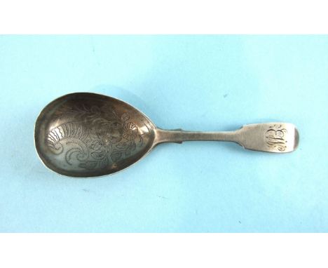 An early-Victorian caddy spoon, the bowl with etched floral and foliate decoration, monogram, London 1849.