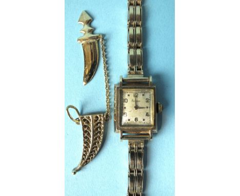 Rotary, a ladies 9ct-gold-cased wrist watch with square face, on 9ct gold bracelet, 21.1g, (movement a/f) and a gold-plated d
