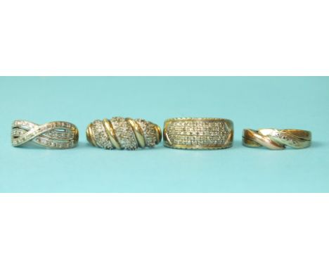 Four 9ct gold rings set diamond points, sizes K-P, 11g.