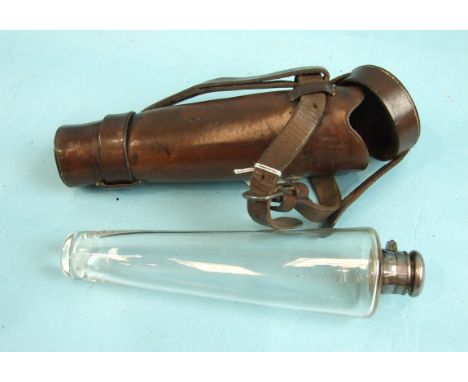 A 19th/20th century conical-shaped glass hunting flask with plated mount, (John Dixon trademark), in leather saddle case, 22c