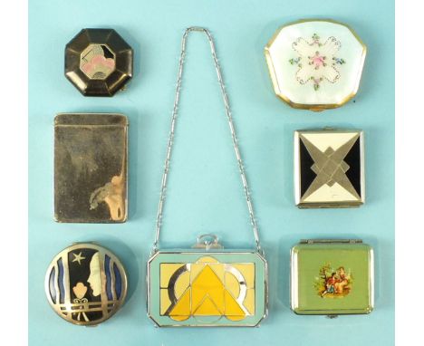 A small circular  compact by 'Karess', Woodworths, a guilloche-enamelled compact by 'La Mode', others by Saville, EAM, Colgat