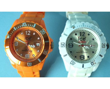 Two Ice Watches, one orange, one white, both dials with Arabic and dot numerals, seconds centre sweep, date aperture and mark