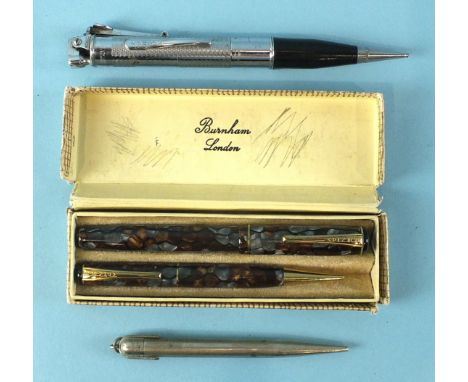 A Burnham of London fountain pen and pencil set, marbled grey and brown, boxed, a Mabie Todd &amp; Co, New York, Fyne Poynt p