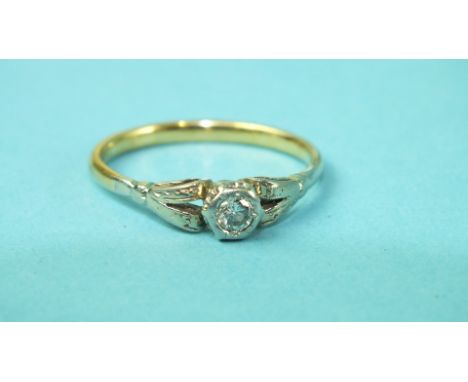 A solitaire diamond ring collet-set a brilliant-cut diamond of approximately 0.13cts, in unmarked gold mount, size R, 3.1g.