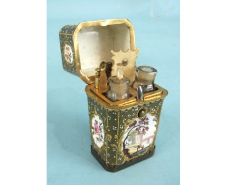 A late-18th century English enamel etui decorated with pastoral scenes and flower panels, on a moss green and gilt ground.