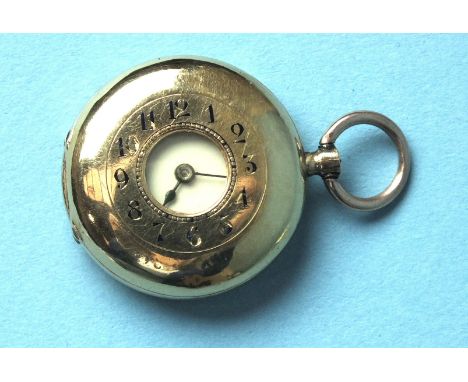 A ladies Continental half-hunter pocket watch of small size, the white enamel dial (cracked) with Arabic numerals, within an 