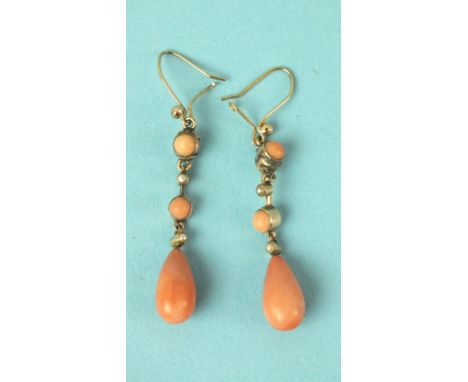 A pair of Edwardian coral and pearl drop earrings with later wire fittings, drops 35mm long, 50mm overall.