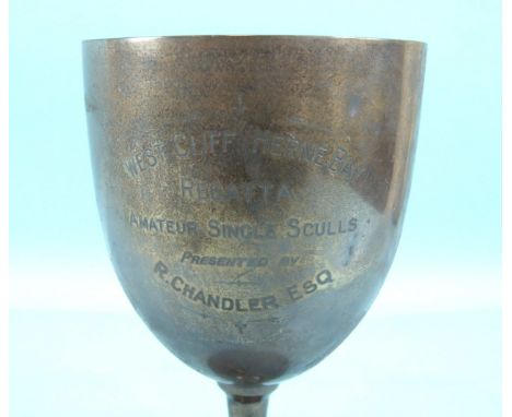 A silver trophy cup on circular base, engraved "Westcliff Herne Bay Regatta Amateur Single Sculls R Chandler Esq.", 20.5cm hi