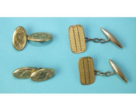 A pair of engine-turned 9ct gold cufflinks, 3.2g and a pair of engraved 9ct gold cufflinks, 3g, (2).