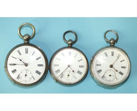 Two silver-cased key-wind open-face pocket watches with white enamel dials, Roman numerals and seconds subsidiaries, 46mm and