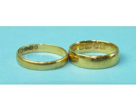 Two 22ct gold wedding bands, sizes K and N, 6g, (2).