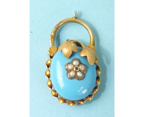 A Victorian padlock locket, the domed front with turquoise enamel surmounted with a pearl cluster and gold leaves, the revers