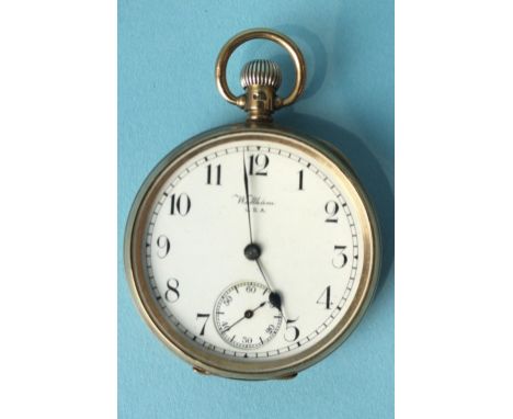 Waltham, a 9ct-rose-gold-cased open-face keyless pocket watch, the white enamel dial with Arabic numerals and seconds subsidi